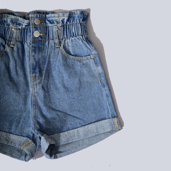 Paperbag Elastc Waist High Rise Denim Shorts - Picture 7 of 8